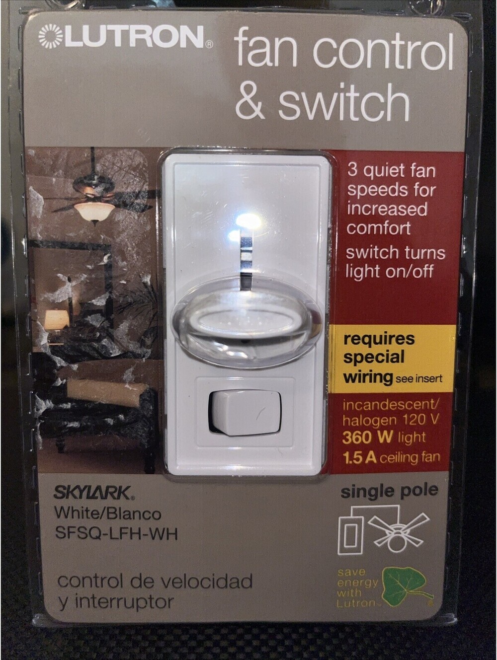 Lutron Fan Control & Switch 3 Fan Speeds On/Off Switch White SFSQ-LFH-WH